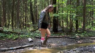 Black stockings and knee high striple socks in mud, muddy feet, stuck in mud, girl walking in mud in socks and stockings