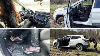 Car stuck girl, CSG, high heels in mud, car revving, wheels spinning, muddy girl, car stuck in mud