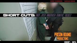 Short Cuts : Not Just A Traffic Ticket - Part 1 -Young woman in night club dress enters detention center intake and inmate processing room. handcuffed, strip searched, made to squat and cough in front of an officer & gets green jumpsuit -1080p -MP4