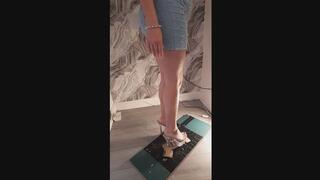 Giantess goddess WinnieLouxo Crushes a Ford Falcon Convertible in big stripper heels with painted toenails Left full leg view
