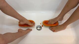 Two Girls Crush Juicy Papaya With Bare Feet – Sticky Soles, Wet Fruit Mess & Foot Play