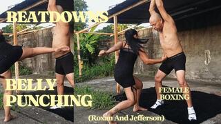 Deep blows to the stomach of a man tied with rope (T)