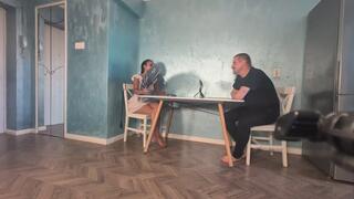 Interview and live bdsm session with her slave Ball - front angle