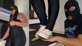 Chubby Participant Steps on Objects With Sneakers