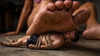 Tied up in Rope Bondage for Giantess's Dirty Feet