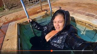 Shiny Black Catsuit Pool Dive plus Wet Strip Tease