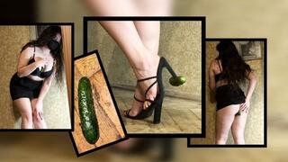 Mistress Mersiiik in a skirt and bra, in beautiful heels - first caresses herself with a cucumber, and then tramples it, steps on it, crushes it, destroys it, hard crush fetish video, foot fetish, heels, full weight, sexy ass and breasts
