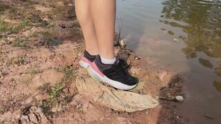 My Sneaker Gets Stuck in Mud — I Can’t Put It Back On, Dirty White Sock Walking in One Shoe