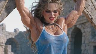 Sweating body builder hot muscled massive titted anime babe is chained up in bdsm bondage so you can watch her struggle