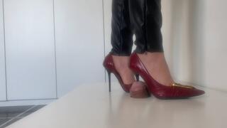 Lady Latisha - Versace Deep Red Patent Leather Stilettos - Cock Trampling CBT Shoejob - POV