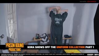 Kora Shows Off The Uniform Collection Part 1 -Behind The Scenes Chat and Interview Style Show and Tell - Trying On Prison, Convict, Jail Uniforms. Jumpsuits, Scrubs, Orange Uniforms, Black & White Stripes, Orange Prison Shoes, Stripping -1080p -MP4