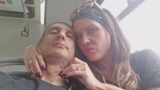 Casual bus ride her hand on his throat