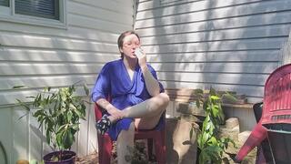 Smoking Cigarette Outside in a Blue Robe and Flashing and Showing Bushy Pussy