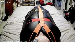 Watching my victim desperately trying to escape from a tight fitting neoprene sleepsack before his torment begins-BBW bondage, BBW domination, amateur,male bondage,man in bondage, sleep sack,strapped down,bound and gagged man,struggling,