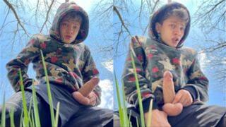 Sweet Boy Jerking his Big Dick (23cm) Outdoor Huge Cumshot on Camera