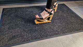 Abby Giantess crush toy car 1970s Cadillac Eldorado Rancer in chunky high heeled sandals upper view