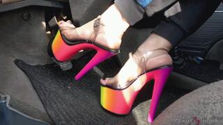Monica's pumping pedals in extravagant high heels (MOBILE)