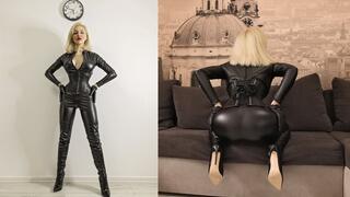 Mistress Katya wearing leather catsuit