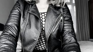 Sasha Bull Smoking in Leather, Gloves and Fishnet Black and White Version