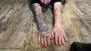 Sadistic painfull hands and especially fingers trampling in ankle boots with rough soles