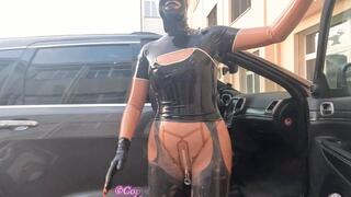 Latex Lady in Transparent Catsuit Plugged Masturbate Pee and Blow Job in Public PART 2