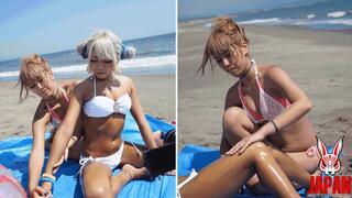 Sizzling Oil-Slathered Beach Encounter: Intimate Tanned Gal Duo, Noa and Maruyama Reona