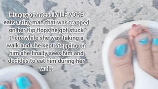 Giantess VORE unaware milf in jean shorts Flip flops takes walk stomping Towering over you , Tiny man gets Stuck and Trapped on her Huge Flip Flops Between her Big Toes FEE FI FO FUM I smell tiny human she finally notices him and devours him drooling in