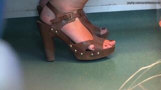 Three candid foot fetish, wood heel sandals, wedges hees and elegant high heel sandals