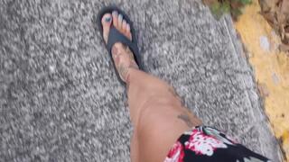 Giantess MILF in a dress unaware flip flops stomping anything in her path walking foot fetish toe Crush cam