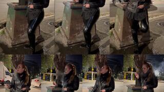 Lady Smoker smoking her Marlboro reds on the street at dawn - Crush -Nose exhales - Genuine leather jacket -PVC Vinyl pants - Boots