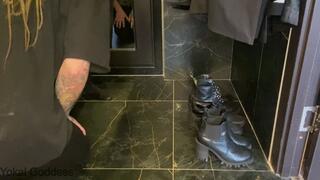 Dry cleaner for 3 pairs of My shoes, kicking, spitting and humiliation