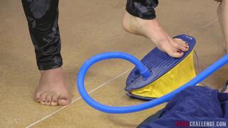 Kia and Titi pump the mattress with a foot pump (4K)