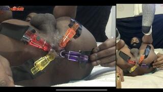 Dual Angle 1 and 2 of 2 - Bondage for my Bumhole - black twink in panties does asslip stretches with duct tape and breadclips while jerking off for full ejaculation cumshot - DJ ButtPussy