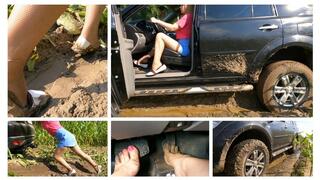 PREMIERE: Emily in terrible trouble - her powerful jeep stuck in deep mud