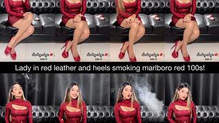 Lady in red! Smoking marlboro red 100s in a red snake skin leather minskirt and top and red leather pump stilettos!