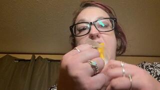 Bbw Eating 4 Meat and Cheese Sticks - Loud Chewing - Up Close Views