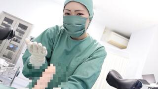 Dildo handjob in an Asian KUROKI operating gown