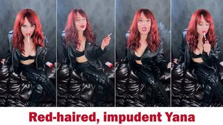 Red-haired Yana, leather, cream smoke, chain smoking and talking exhalations