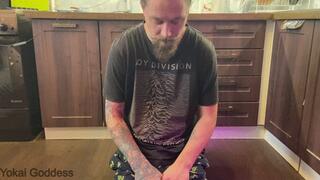 Feeding My slave with tasty apple covered with wet mud from My shoes