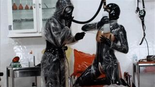 Hot sluts with plastic over rubber outfits and piss bottle re-breather session - Part 2 of 2
