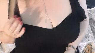 2 cigarettes, lipstick, nail polish, stilettos, dangling and creamy smoke