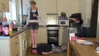 Chelsea's Heels Sticking In The Side Of Her Slaves Head & Face