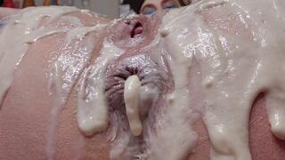 PanCake Batter Anal, messy, pan cake batter goozing out of ass hole, thickly spread all over my ass, anal fisting, anal fingering, wet and messy, front and back views, and some toy play, wisk fun