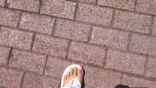 Giantess Lola walks in flip flops Toe Wiggling