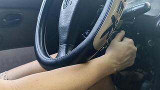 Katherine sexy pedal pumping and driving on black gladiator sandals
