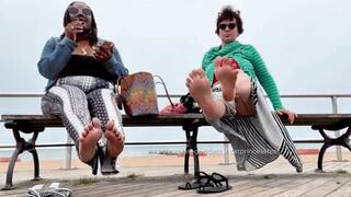 Beach goddesses chatting, smoking, public feet with YourChocolateGoddess, milf soles