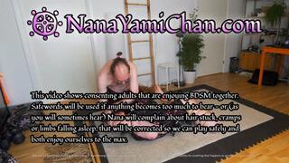 Girl tries hard Shibari ties with neck rope