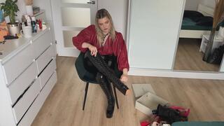 Woman in leather clothes show her boots and heels