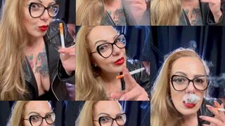 Lady Smoker smoking her Marlboro reds 100s - Severe Coughing - French Inhales - Triple pumps - Deep Inhales - Genuine leather jacket
