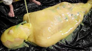 Encased in Silicone, pt 2 - Strange Hobbies, Elise Graves, Pup Jake and Mark - Strange Hobbies is moved to the floor for buckets of silicone to be poured on his body, creating a thick silicon cocoon!